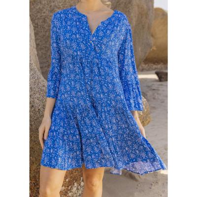 Robe courte Angélique bleu à fleurs