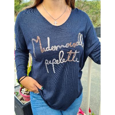 Pull Mademoiselle pipelette bleu jeans