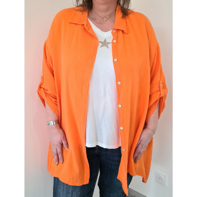 Chemise longue orange en gaz de coton