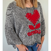 Pull Amour gris et rouge