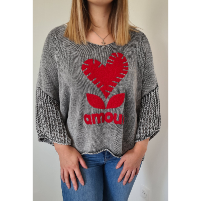 Pull Amour gris et rouge