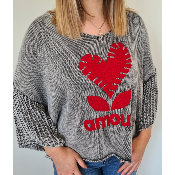 Pull Amour gris et rouge