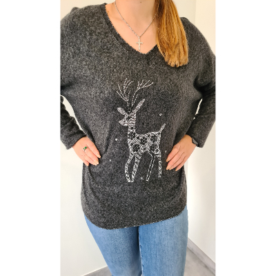 Pull Renne de Noël gris en strass